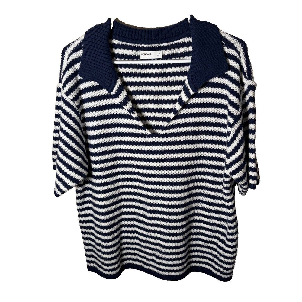 Sonoma Sweater Women's XL Blue V-Neck Knit Short Sleeve Collared Casual Top